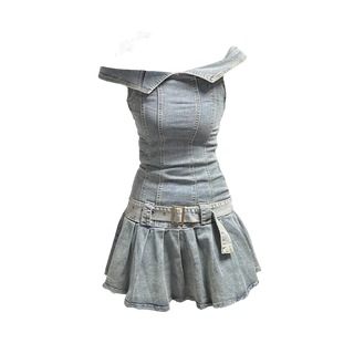 Slash Collar Denim Mini Dress