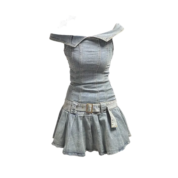 Slash Collar Denim Mini Dress