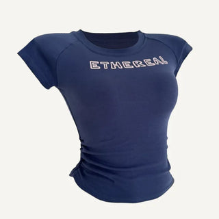 Ethereal Slim Tee Lettering Shirring Short Sleeve T Shirt