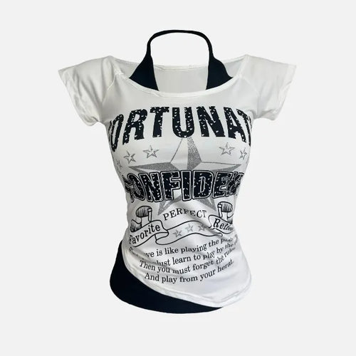 Star Halter Neck Layered Print Short Sleeve T Shirt
