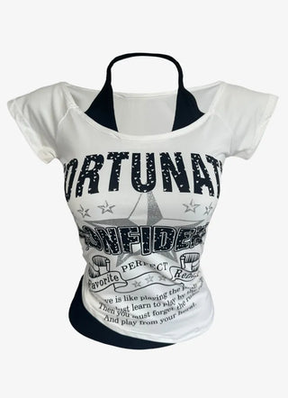 Star Halter Neck Layered Print Short Sleeve T Shirt