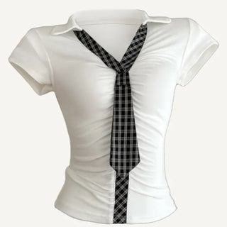 Checked tie shirt with shirring and short sleeves   Nashi T shirt