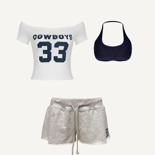 Cowboys 33 Set   Off Shoulder Crop Tee & Jogger Shorts Set