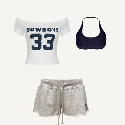 Cowboys 33 Set   Off Shoulder Crop Tee & Jogger Shorts Set