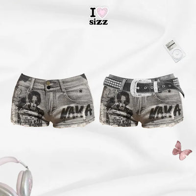 NANA Denim Shorts   Printed & Studded Belt Detail Denim Shorts