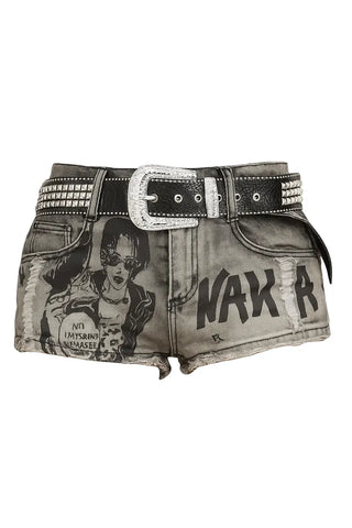 NANA Denim Shorts   Printed & Studded Belt Detail Denim Shorts
