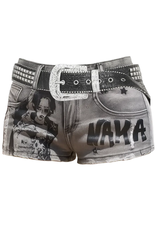 NANA Denim Shorts   Printed & Studded Belt Detail Denim Shorts