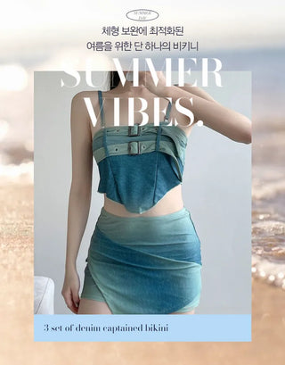 Denim skirt bikini 3 piece set Vintage y2k.