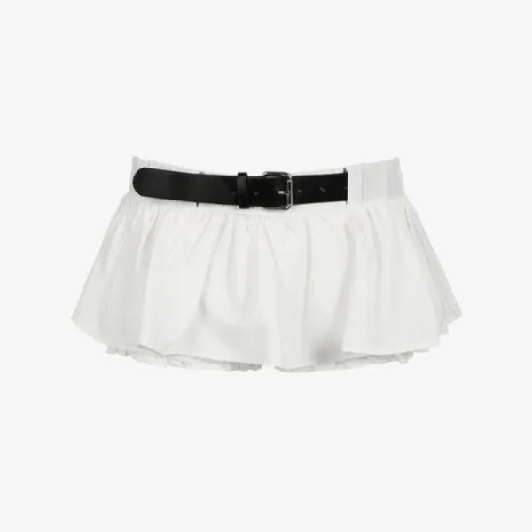 Flare Balloon Belted White Mini Skirt