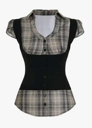 Checked shirt mix bustier vest top