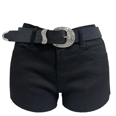 Glam Western Belted Black Shorts