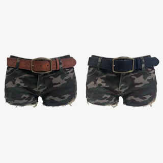 Low rise camo pattern shorts + vintage belt set