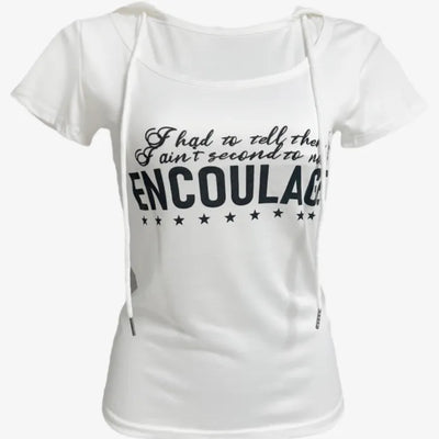 Lettering String Short Sleeve Hooded Top