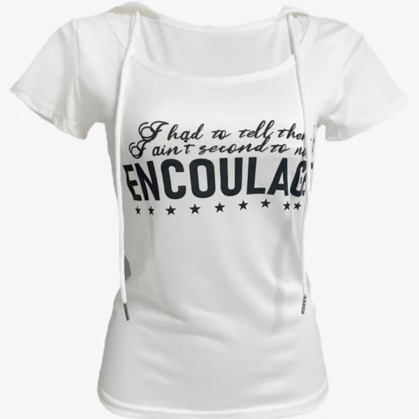 Lettering String Short Sleeve Hooded Top