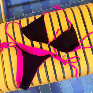 Two color hot pink and black string bikini simple bikini swimsuit