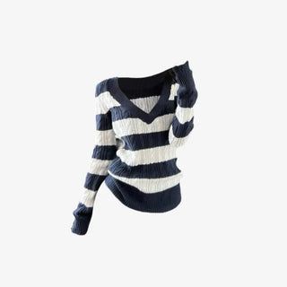 Stripe Knit V Neck Pullover