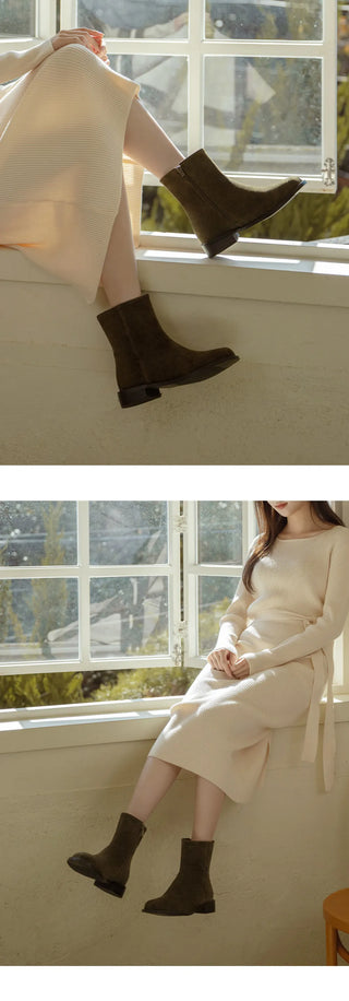 Button round-toe flats short boots 3cm
