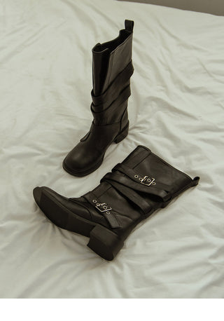Looking belt buckle flat boots 4cm