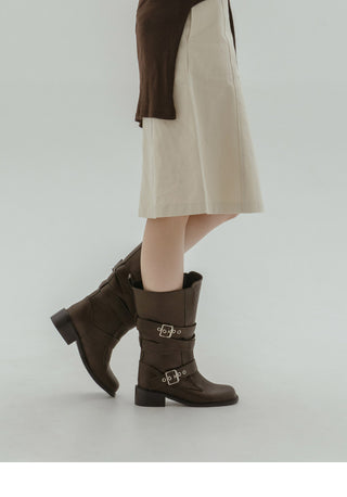 Looking belt buckle flat boots 4cm