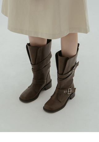 Looking belt buckle flat boots 4cm