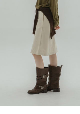 Looking belt buckle flat boots 4cm