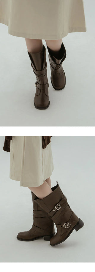 Looking belt buckle flat boots 4cm