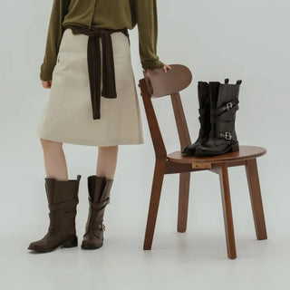 Looking belt buckle flat boots 4cm