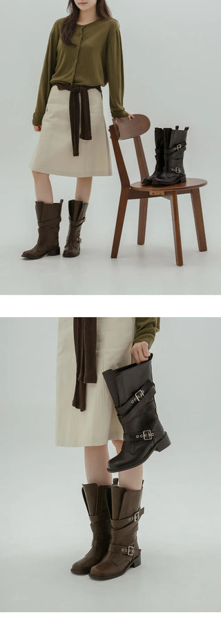 Looking belt buckle flat boots 4cm