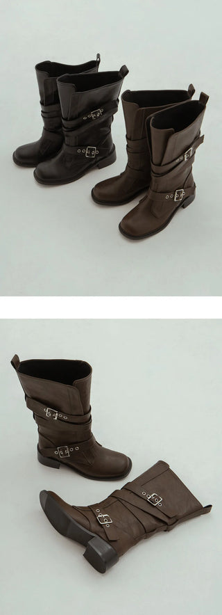 Looking belt buckle flat boots 4cm