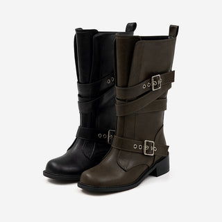Looking belt buckle flat boots 4cm
