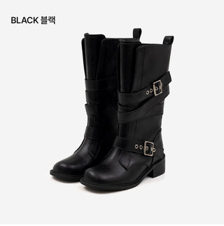 Looking belt buckle flat boots 4cm