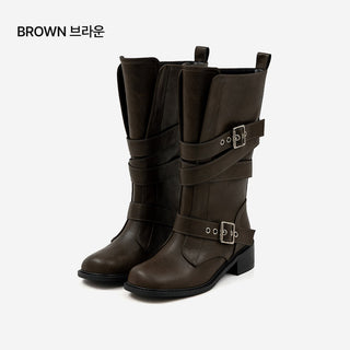 Looking belt buckle flat boots 4cm