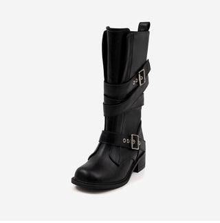 Looking belt buckle flat boots 4cm