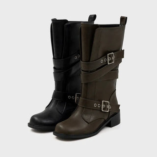 Looking belt buckle flat boots 4cm