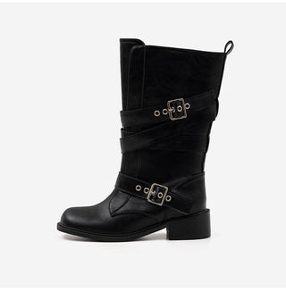 Looking belt buckle flat boots 4cm