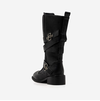 Looking belt buckle flat boots 4cm