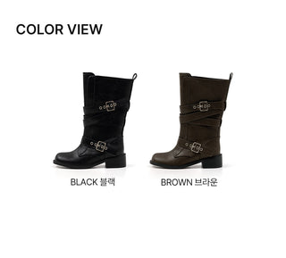 Looking belt buckle flat boots 4cm