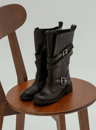 Looking belt buckle flat boots 4cm