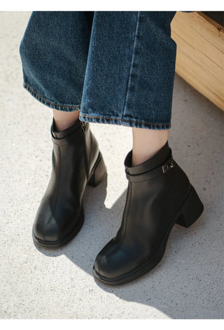 Buckled Belt Cowhide Ankle Boots 5cm