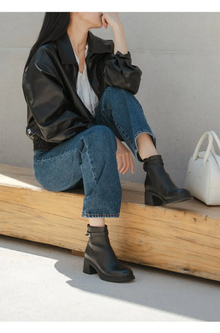 Buckled Belt Cowhide Ankle Boots 5cm