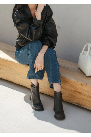 Buckled Belt Cowhide Ankle Boots 5cm