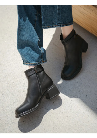 Buckled Belt Cowhide Ankle Boots 5cm