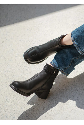 Buckled Belt Cowhide Ankle Boots 5cm