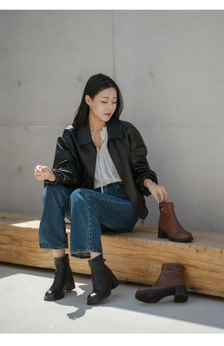 Buckled Belt Cowhide Ankle Boots 5cm