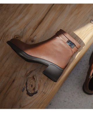 Buckled Belt Cowhide Ankle Boots 5cm