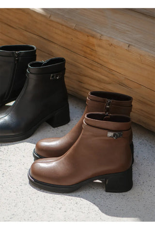 Buckled Belt Cowhide Ankle Boots 5cm