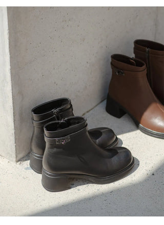 Buckled Belt Cowhide Ankle Boots 5cm