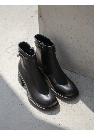 Buckled Belt Cowhide Ankle Boots 5cm