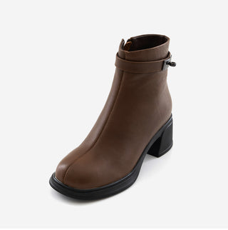 Buckled Belt Cowhide Ankle Boots 5cm