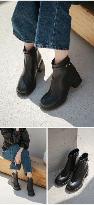 Buckled Belt Cowhide Ankle Boots 5cm